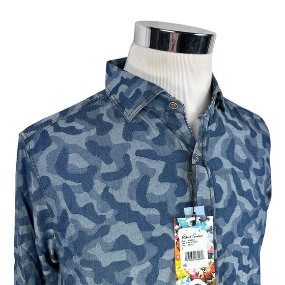 Robert Graham Romero Button Shirt Men’s Large Indigo Blue Camo Tailored Fit New - Picture 2 of 12